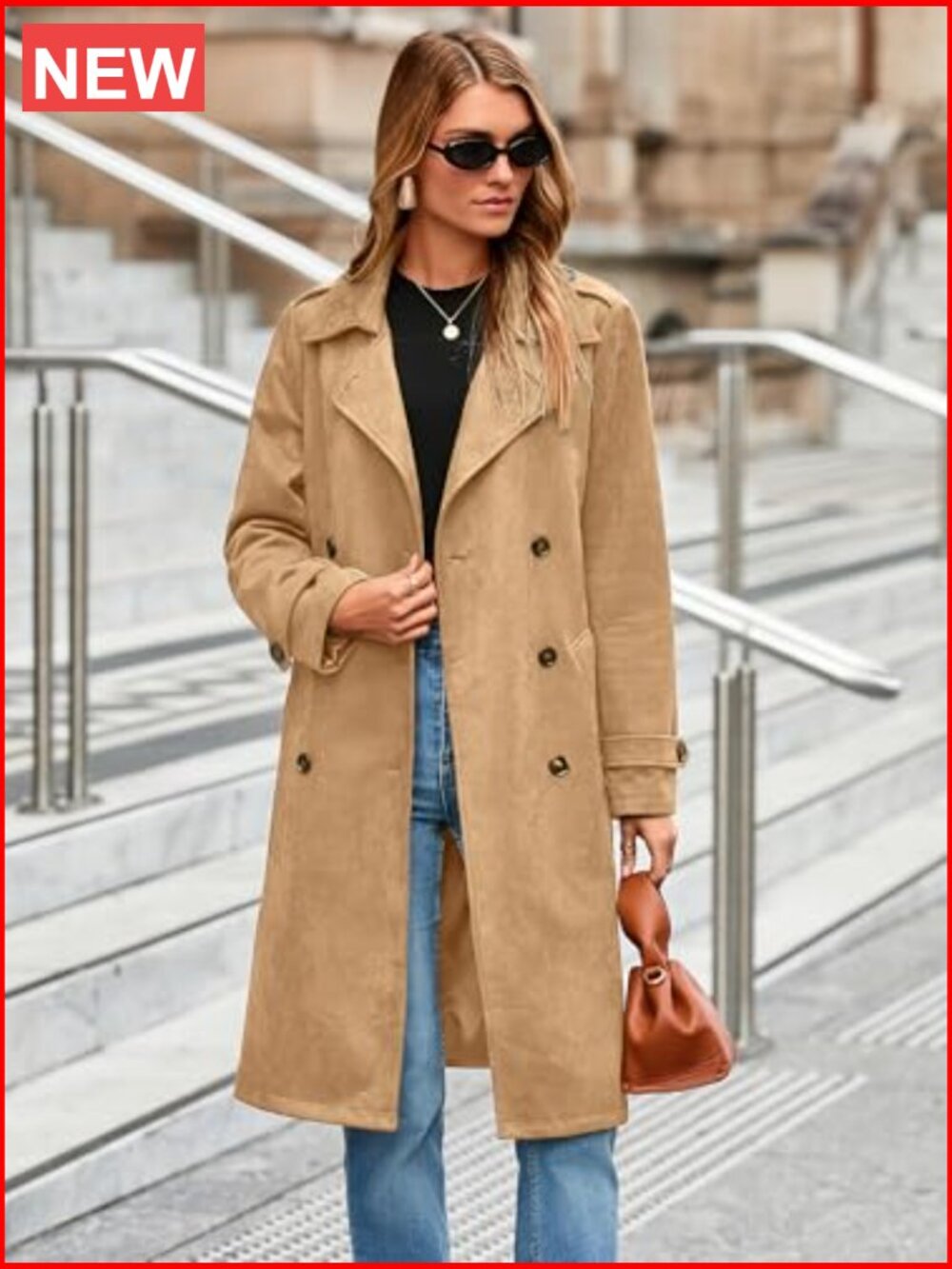 Faux Suede Double Breasted Trench Coat with Belt - Picture 3 of 7